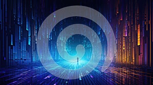 Futuristic Digital World with Binary Code Streams. Pixel art-inspired digital landscape with person walking towards