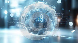 Futuristic digital world with glowing mesh globe and digital elements