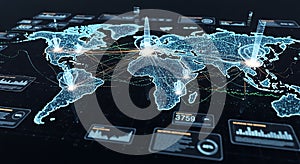 Futuristic digital world map interface displaying global connections and data visualizations
