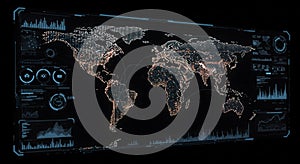 Futuristic digital world map with intricate data visualizations. The map displays