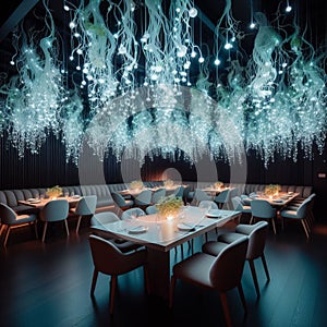 futuristic dining room table bioluminescent vines hanging from the dining room ceiling.