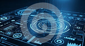 Futuristic display panel with holographic interface and data stream visuals