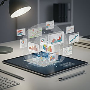 A futuristic display shows various data visualizations, including maps, bar charts, line