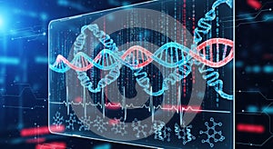 Futuristic DNA helix with binary code and medical data display double helix genetics