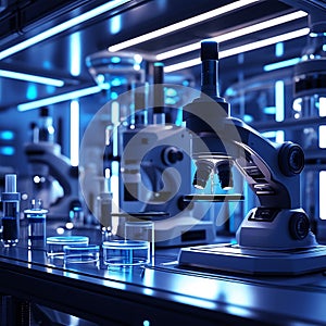 Futuristic DNA Research Lab With Microscopes and Cell Cultures