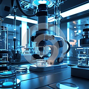 Futuristic DNA Research Lab With Microscopes and Cell Cultures.