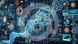 Futuristic dna strand with data visualizations and scientific analysis interface
