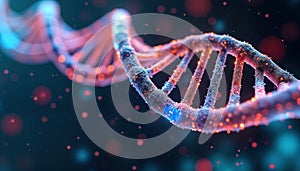 Futuristic dna structure glows with vibrant colors. Tech, bio intertwine in dynamic display. Molecular structure highlighted by photo