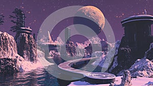 Futuristic dock for supercapital spaceships with advanced accommodations overlooking a planet photo