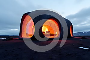 A tiny house shaped like a glowing lava dome, built on a volcanic plain in Iceland photo