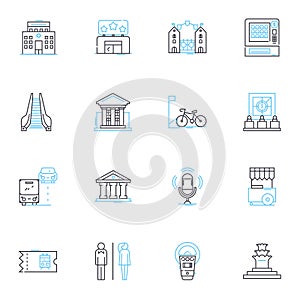 Futuristic downtown linear icons set. Urban, Metropolis, Skyscrapers, Neon, Cyberpunk, Drs, Hovercrafts line vector and