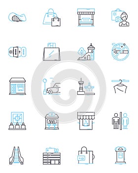 Futuristic downtown linear icons set. Urban, Metropolis, Skyscrapers, Neon, Cyberpunk, Drs, Hovercrafts line vector and