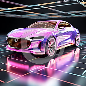 Futuristic Drive: AI-Generated 3D Image of a Holographic Wireframe Car Model Against a Digital Color Background