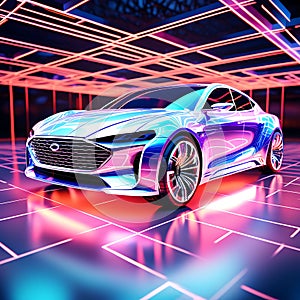 Futuristic Drive: AI-Generated 3D Image of a Holographic Wireframe Car Model Against a Digital Color Background