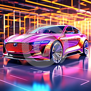 Futuristic Drive: AI-Generated 3D Image of a Holographic Wireframe Car Model Against a Digital Color Background