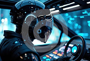 Futuristic driver wearing a high-tech helmet operating a digital vehicle