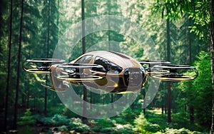 A futuristic drone car flies into the forest among the trees.