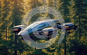 A futuristic drone car flies into the forest among the trees.