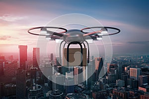 Futuristic drone delivers packages in digitally generated cityscape scene