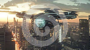 Futuristic Drone Flying Over Modern City at Sunset
