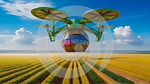 A futuristic drone with four rotors soaring above a sprawling agricultural landscape photo