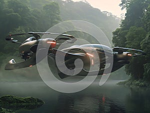 Futuristic Drone Hovering Over Misty Lake