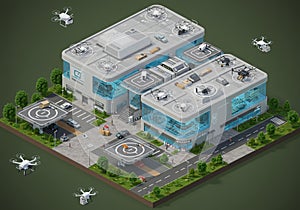 Futuristic drone hub with multiple drones taking off and landing
