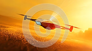 Futuristic Drone Spraying Crops at Sunset Over Golden Wheat Field photo
