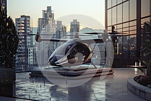 Futuristic drone taxi on rooftop helipad in urban environment