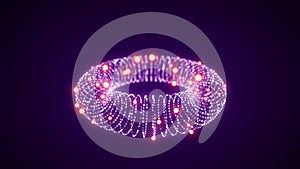 Futuristic dynamic wireframe torus on a purple background. 3D rendering.