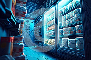 Futuristic dystopian shop interior with freezers and products, generative ai illustration