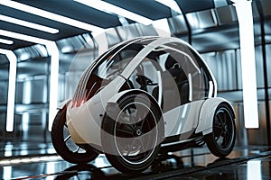 Futuristic E Trike with Tempered Glass Panels in Sleek, Minimalist Backdrop