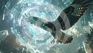 Futuristic Eagle Soaring Through Digital Landscape
