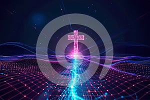 Futuristic Easter concept. Holy cross with neon magenta and cyan lighting effects. Wireframe landscape background