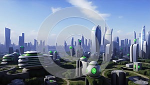 A futuristic, eco-friendly cityscape featuring lush greenery, skyscrapers and urban green spaces. Environmentally sustainable city