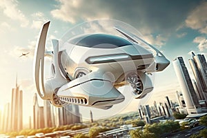 Futuristic Eco Friendly Flying Drone in City Illustration, Air Passenger Transport Concept, Futuristic Taxi, Generative AI