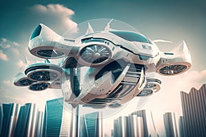 Futuristic Eco Friendly Flying Drone in City Illustration, Air Passenger Transport Concept, Futuristic Taxi, Generative AI