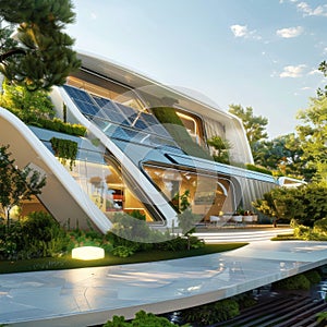 A futuristic eco-friendly house with solar panels on the roof and lush greenery around, situated on a cliff surrounded