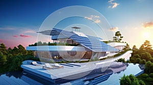 A futuristic eco-friendly house with solar panels on the roof and lush greenery around, situated on a cliff surrounded