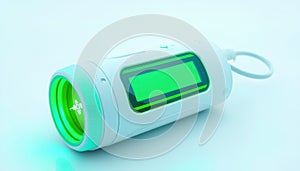 Futuristic eco-friendly medical device made from biodegradable materials, glowing green interface, minimal white background,