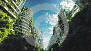 Futuristic eco-friendly skyscrapers rise in a lush urban forest, symbolizing sustainable living