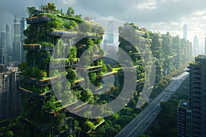 Futuristic eco-friendly urban architecture with lush vertical gardens