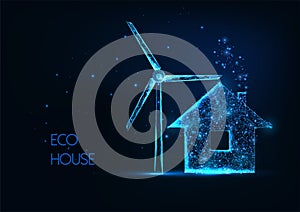 Futuristic eco home with renewable energy sources concept with glowing house and wind turbine