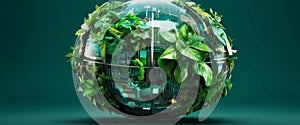 Futuristic eco-sphere with lush greenery and technology
