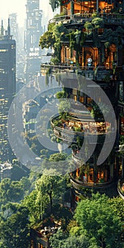 Futuristic ecocity with vertical gardens and skyscrapers blending seamlessly with nature photo