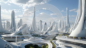 A futuristic ecologically clean metropolis with very tall and unique buildings