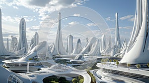 A futuristic ecologically clean metropolis with very tall and unique buildings photo