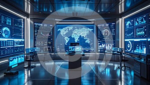 Futuristic economic policy control room with AI dashboards and data forecasting analysis concept