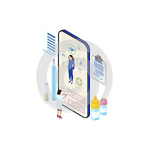 Futuristic ehealth system isometric illustration. Cartoon doctor, physician studying patient health info from smartphone screen.