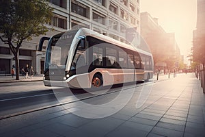 futuristic electric bus cruising down the busy city street, with its sleek design and eco-friendly technology